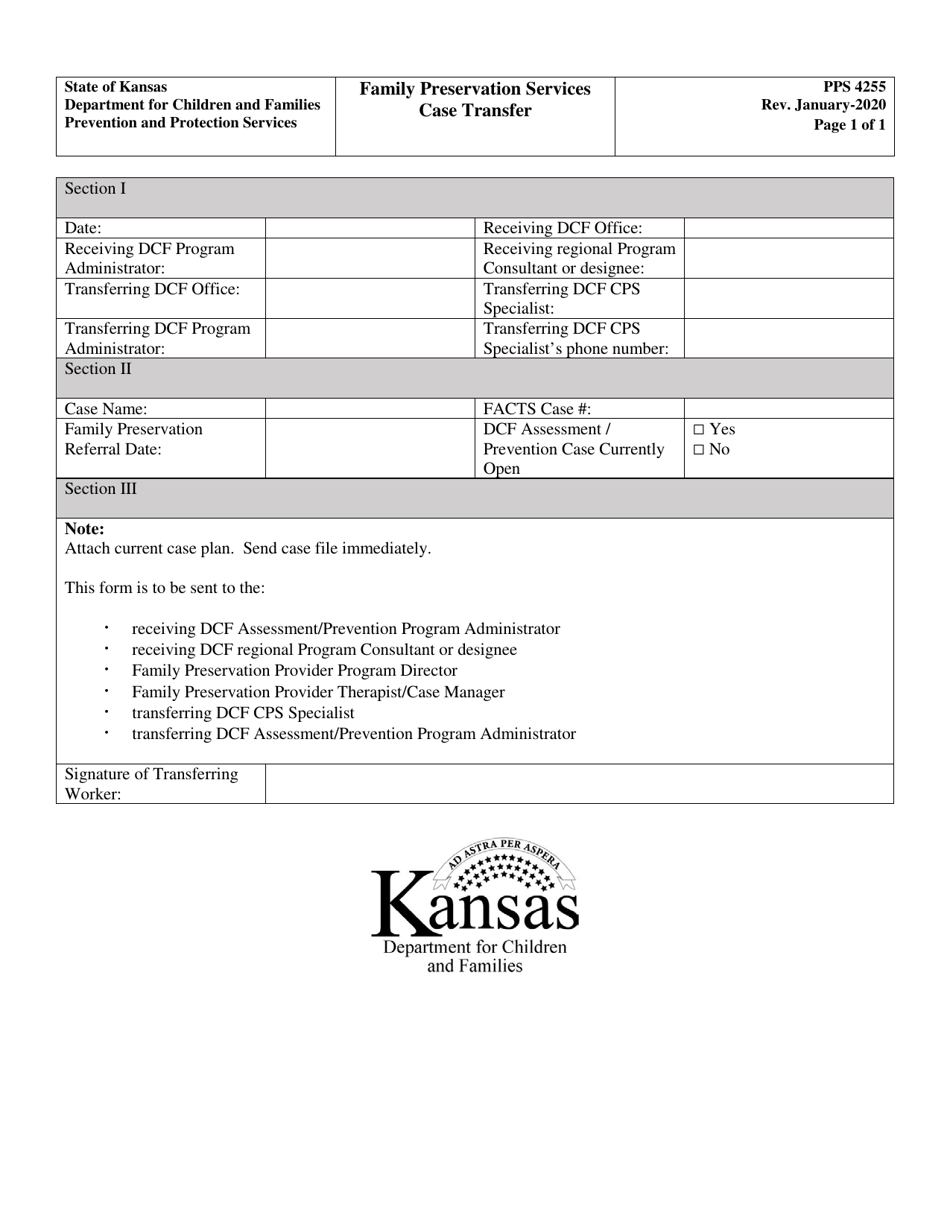 Form PPS4255 Family Preservation Services Case Transfer - Kansas, Page 1