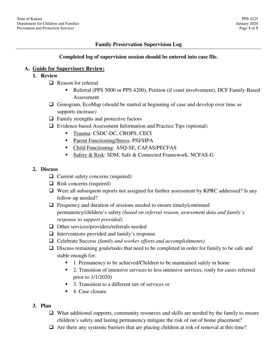 Form PPS4225 Family Preservation Supervision Log - Kansas, Page 1