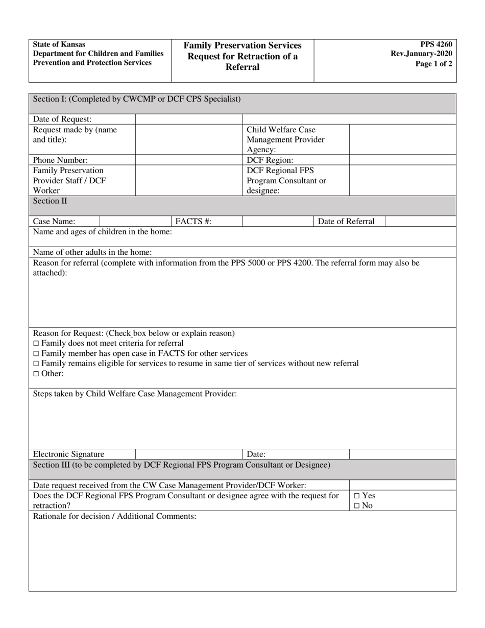 Form PPS4260 Family Preservation Services Request for Retraction of a Referral - Kansas, Page 1