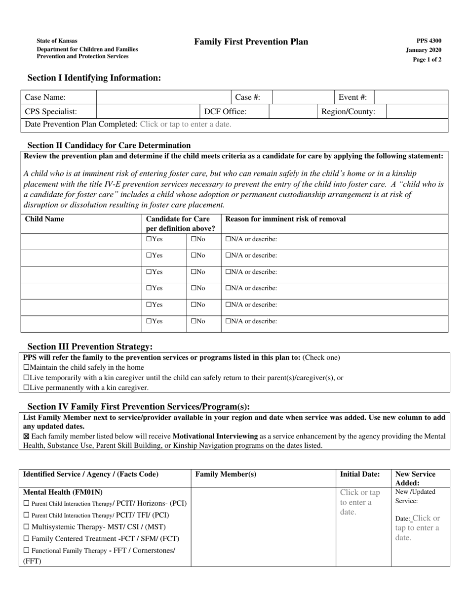 Form PPS4300 family First Prevention Plan - Kansas, Page 1
