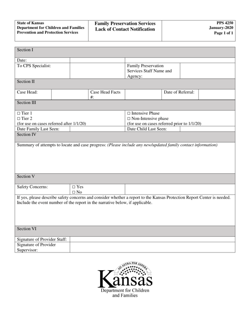 Form PPS4250 Family Preservation Services Lack of Contact Notification - Kansas