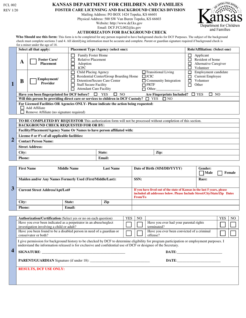 Form FCL002 Authorization for Background Check - Kansas, Page 1