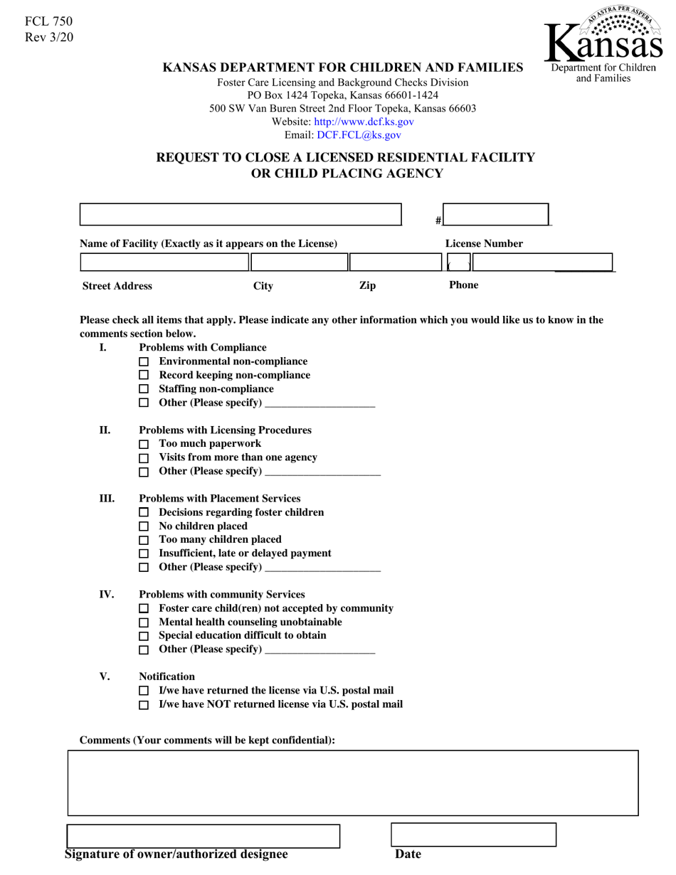 Form FCL750 Request to Close a Licensed Residential Facility or Child Placing Agency - Kansas, Page 1