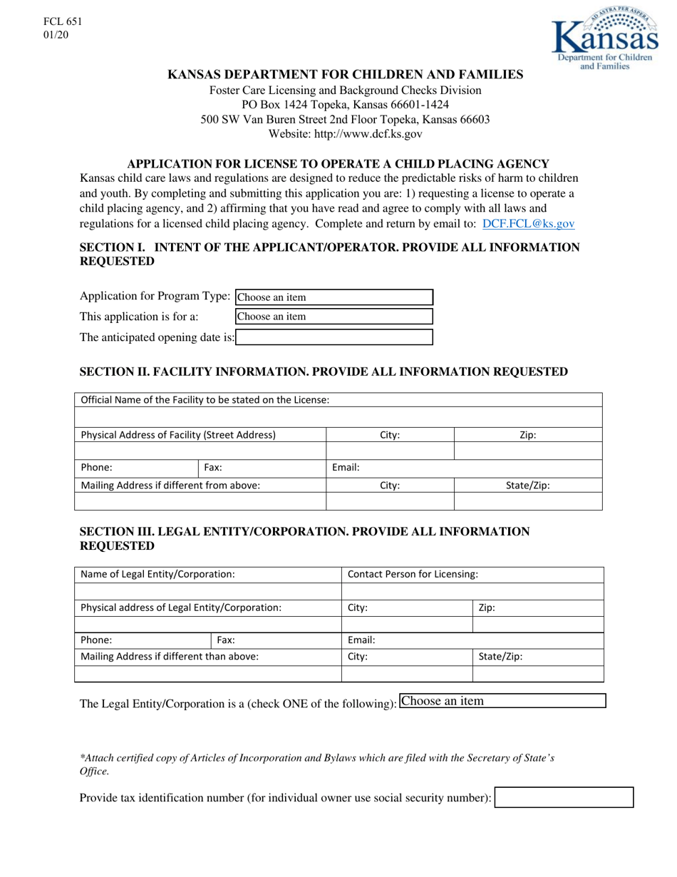 Form FCL651 Application for License to Operate a Child Placing Agency - Kansas, Page 1