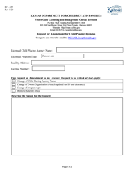 Form FCL652 &quot;Request for Amendment for Child Placing Agencies&quot; - Kansas