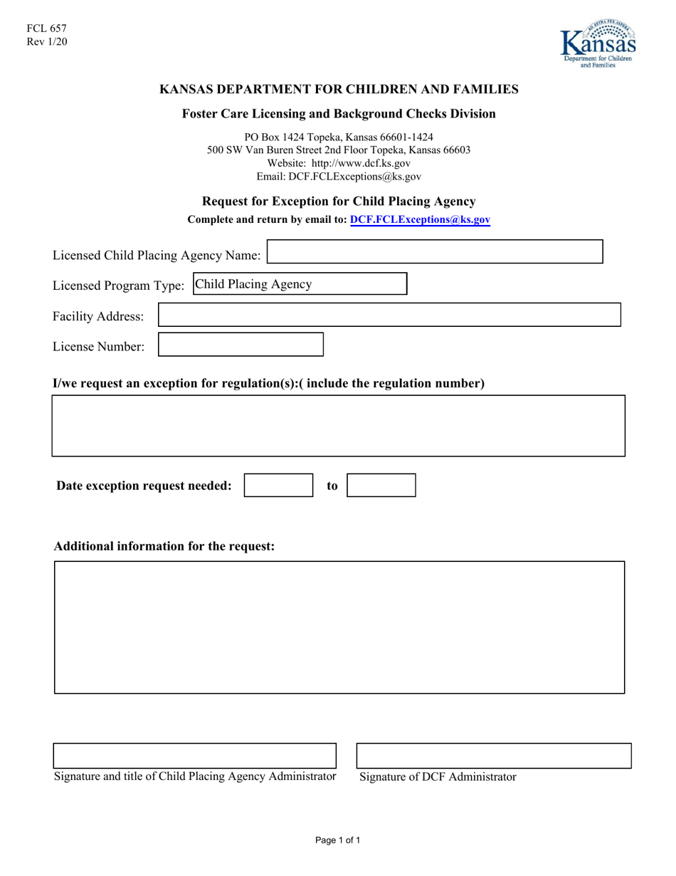 Form FCL657 Request for Exception for Child Placing Agency - Kansas, Page 1
