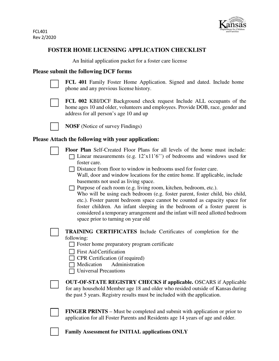 Form FCL401 Family Foster Home Application for Licensure - Kansas, Page 1