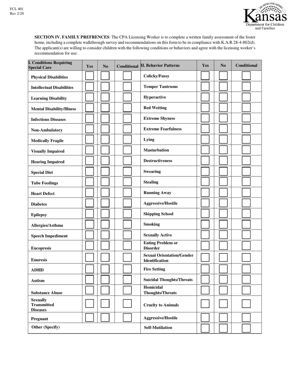 Form FCL401 Family Foster Home Application for Licensure - Kansas, Page 4