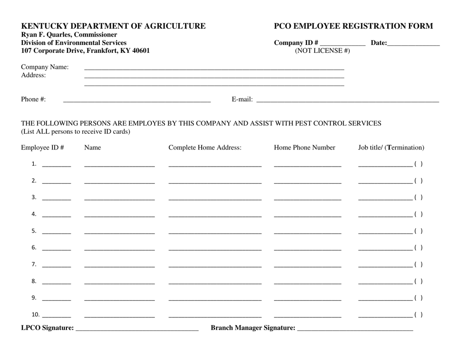 Pco Employee Registration Form - Kentucky, Page 1