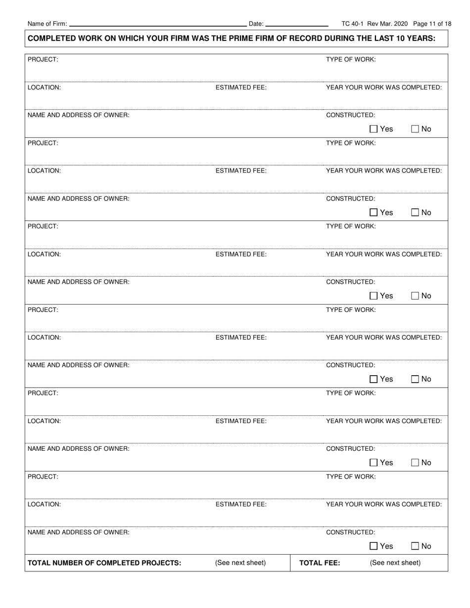 Form TC40-1 Consulting Engineer and Related Services Prequalification Application - Kentucky, Page 11