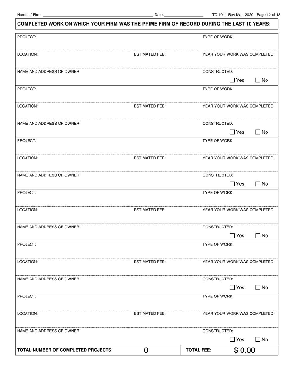 Form TC40-1 Consulting Engineer and Related Services Prequalification Application - Kentucky, Page 12