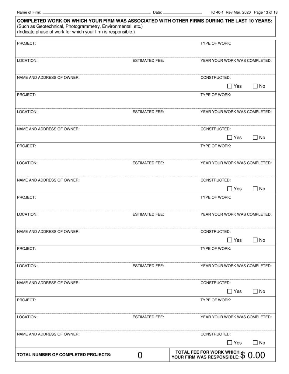 Form TC40-1 Consulting Engineer and Related Services Prequalification Application - Kentucky, Page 13