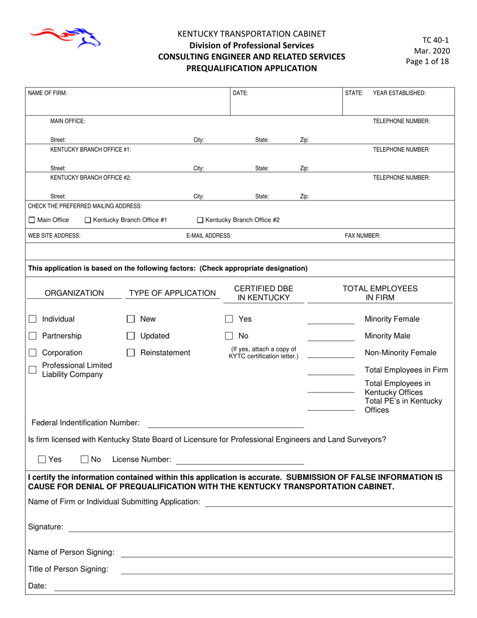 Form TC40-1 Consulting Engineer and Related Services Prequalification Application' - Kentucky, Page 1