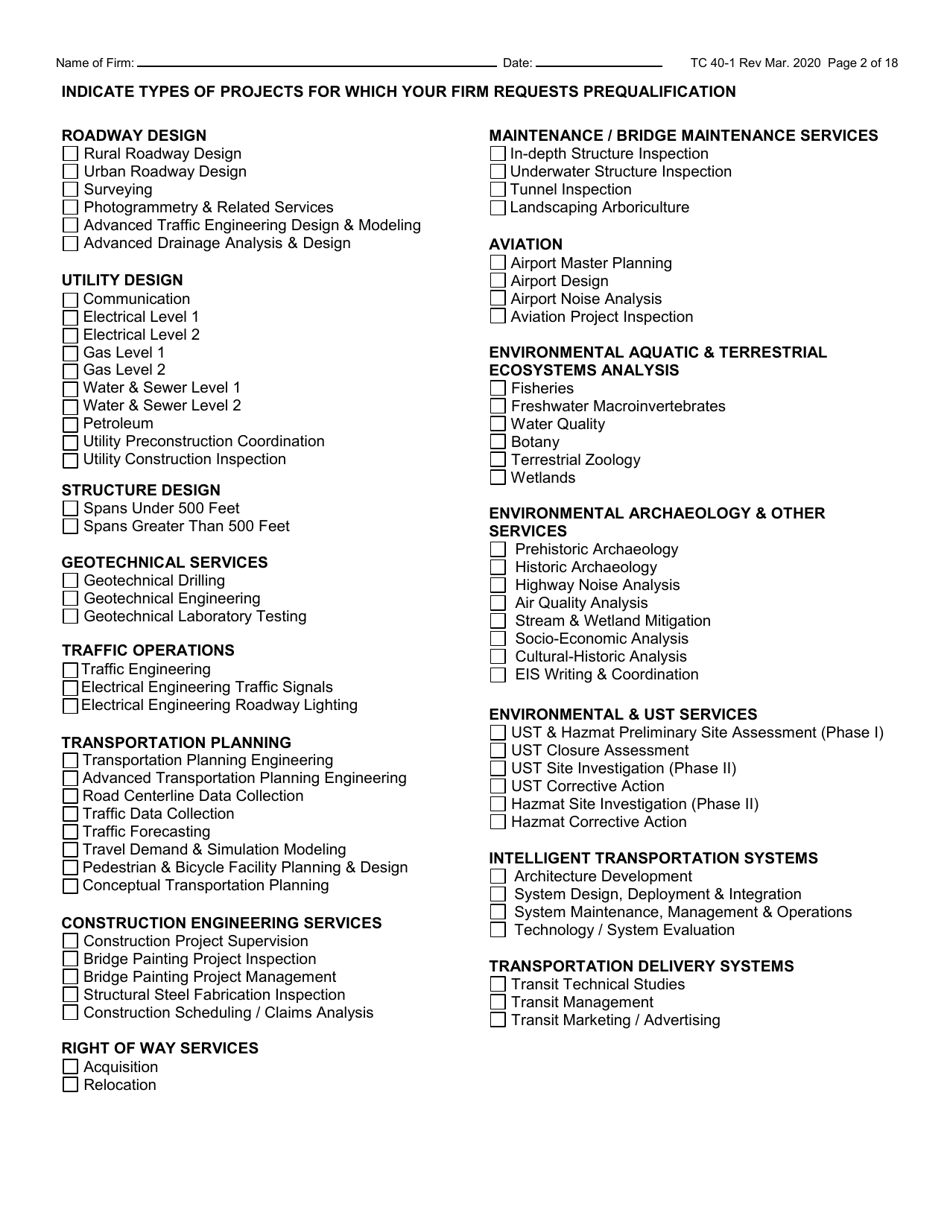 Form TC40-1 Consulting Engineer and Related Services Prequalification Application - Kentucky, Page 2