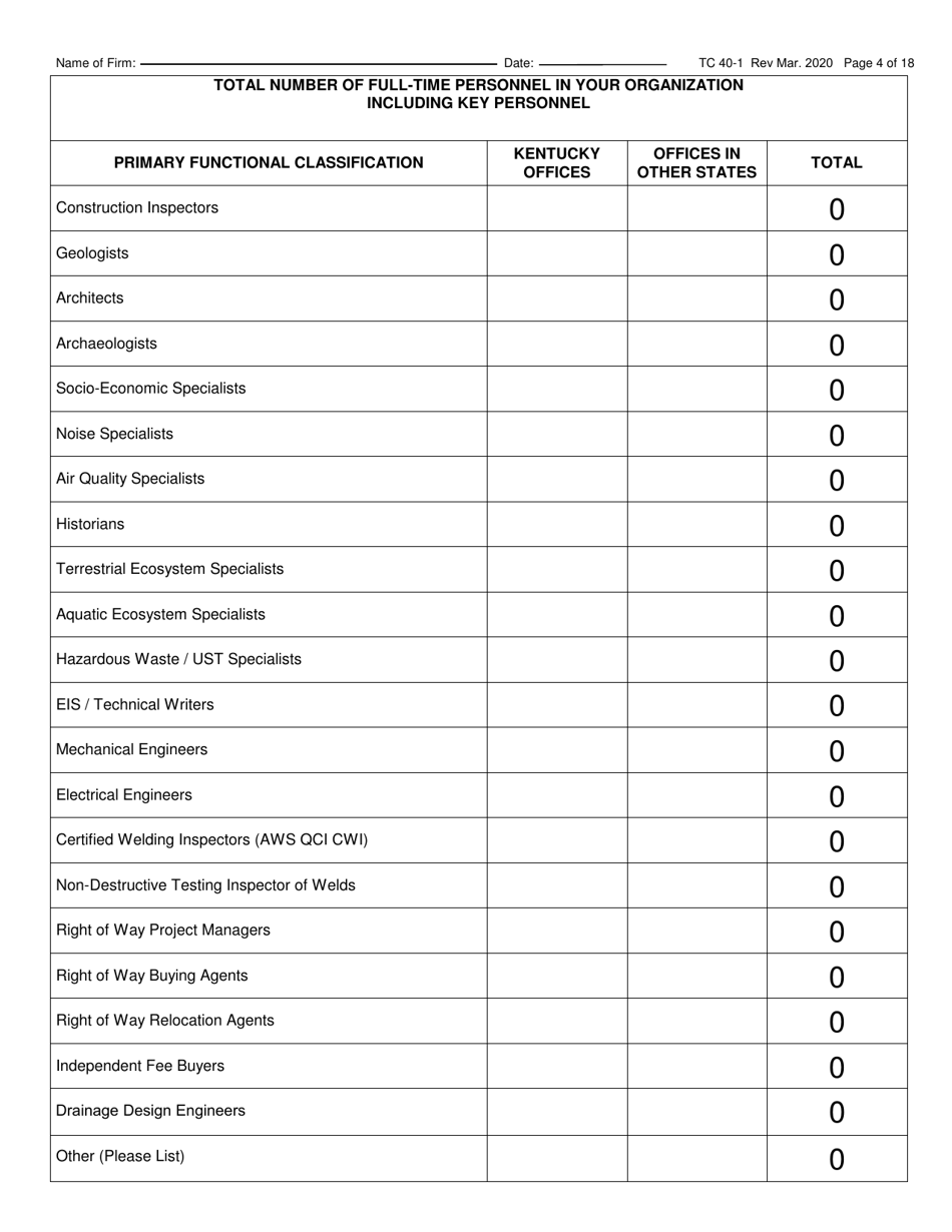Form TC40-1 Consulting Engineer and Related Services Prequalification Application - Kentucky, Page 4