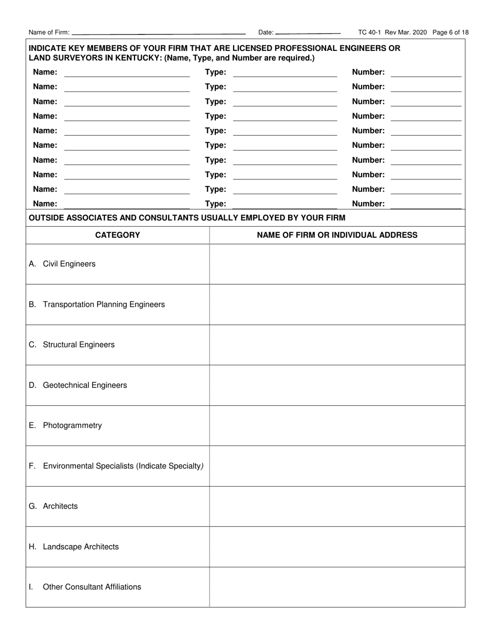 Form TC40-1 Consulting Engineer and Related Services Prequalification Application - Kentucky, Page 6