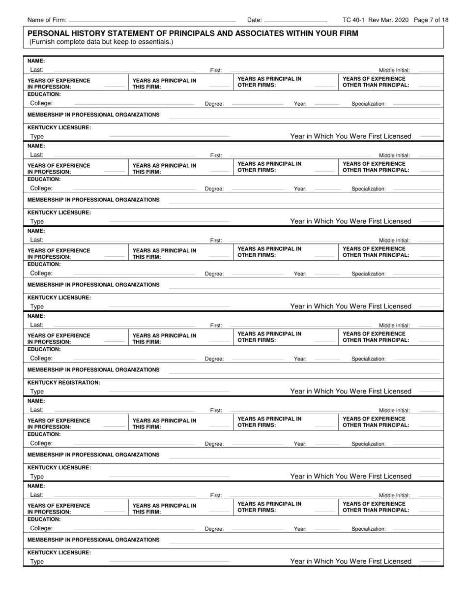 Form TC40-1 Consulting Engineer and Related Services Prequalification Application - Kentucky, Page 7