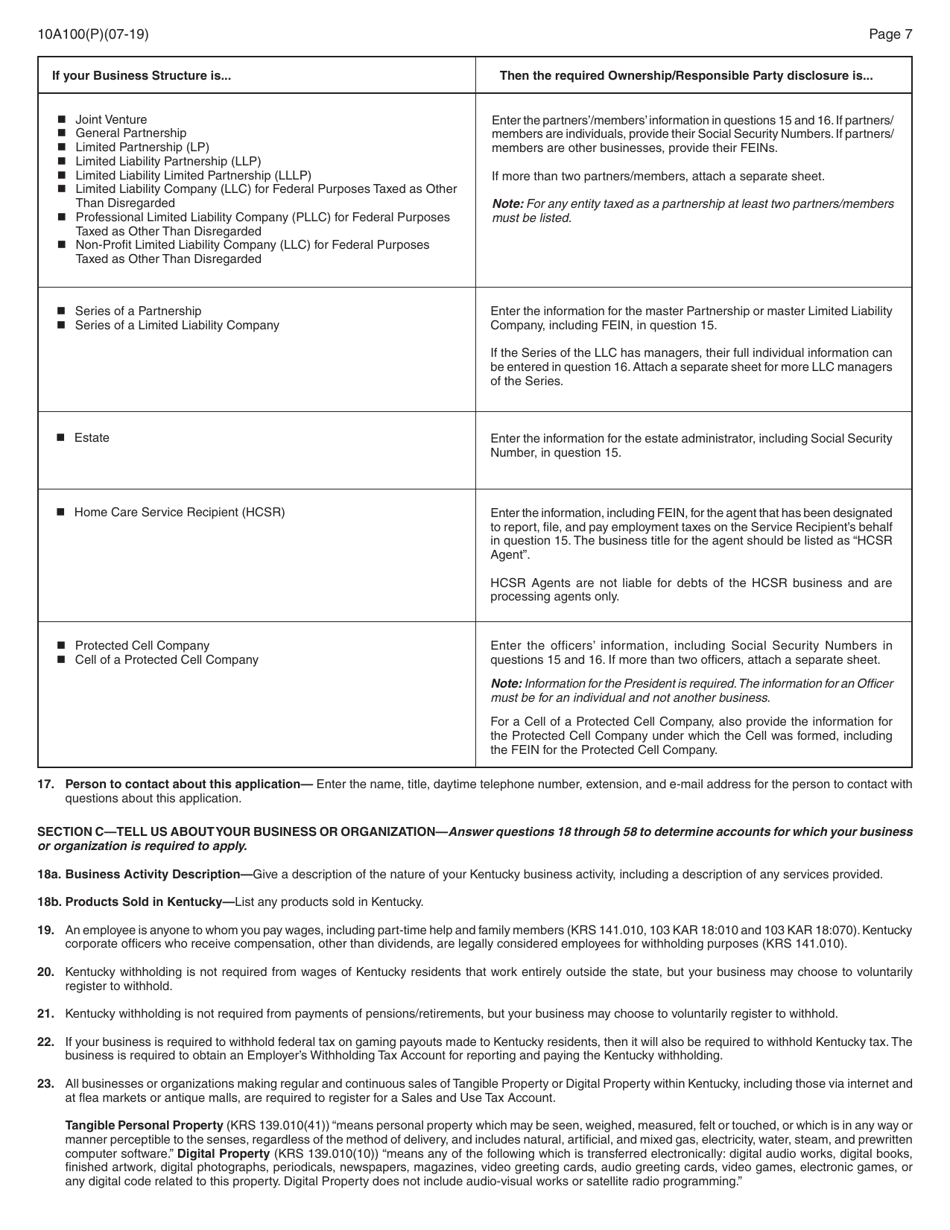 Form 10A100 Kentucky Tax Registration Application - Kentucky, Page 21