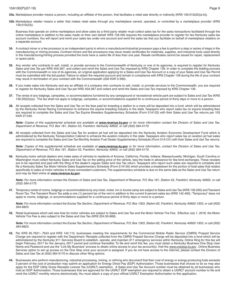 Form 10A100 Kentucky Tax Registration Application - Kentucky, Page 23