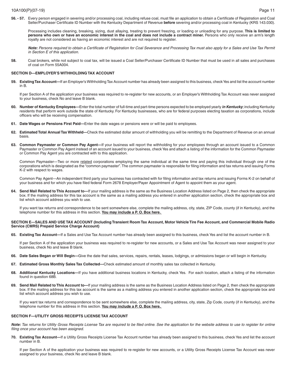 Form 10A100 Kentucky Tax Registration Application - Kentucky, Page 25