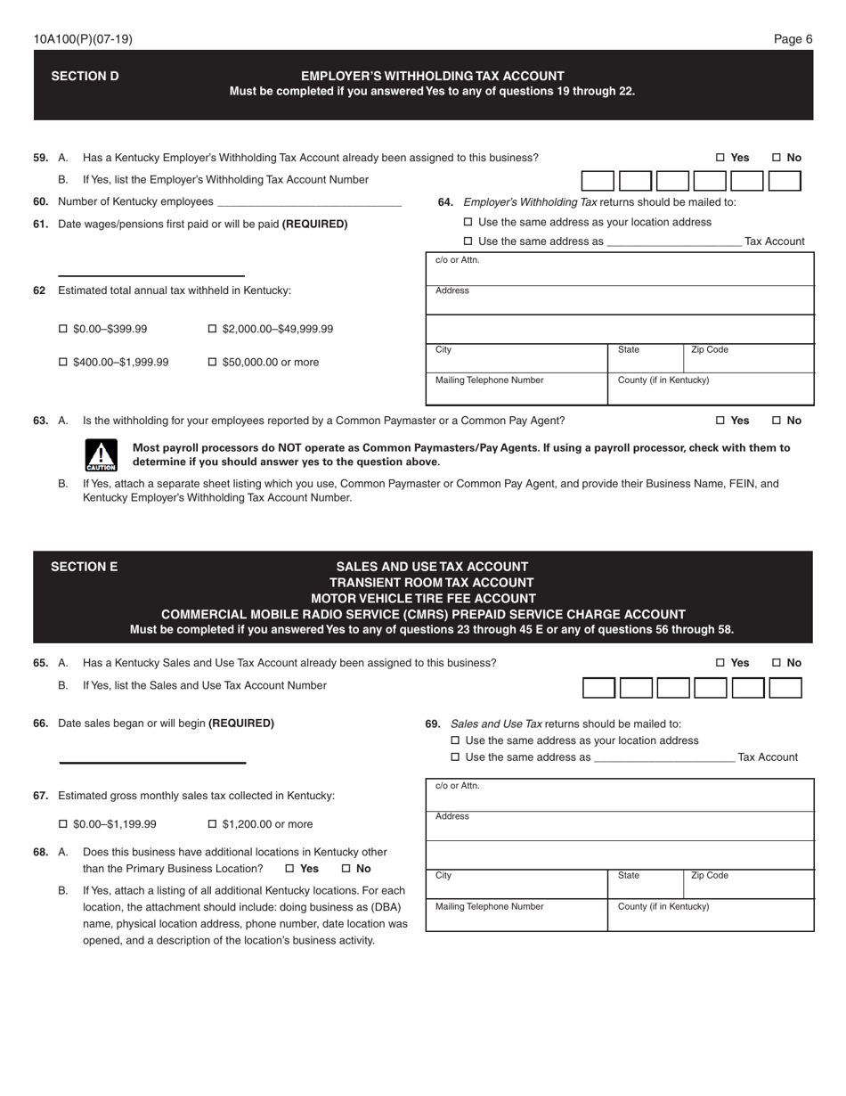 Form 10A100 Kentucky Tax Registration Application - Kentucky, Page 8