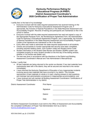 &quot;District Assessment Coordinator's Certification of Proper Test Administration&quot; - Kentucky, 2020