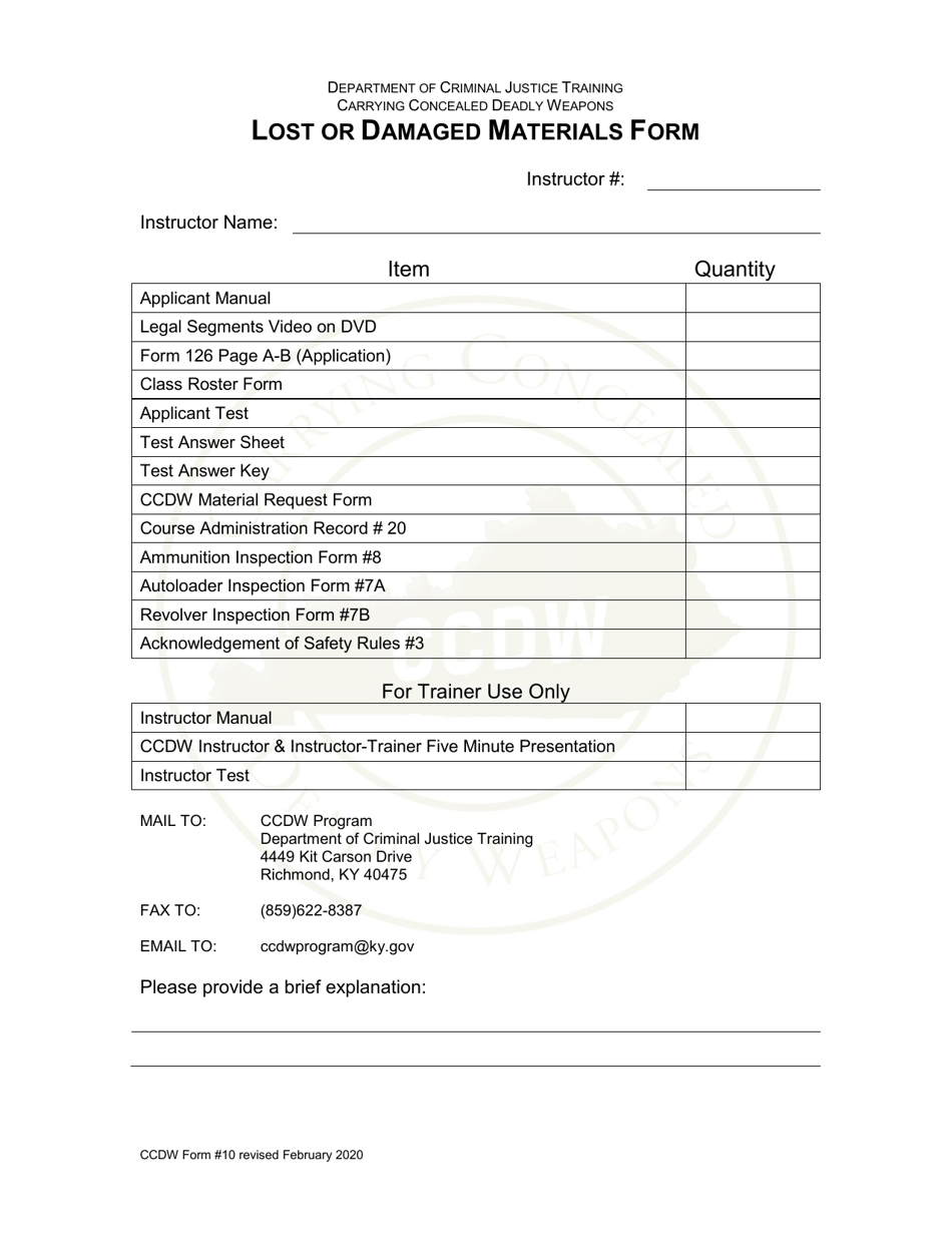 CCDW Form 10 Lost or Damaged Materials Form - Kentucky, Page 1