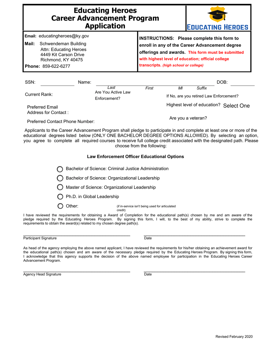 Educating Heroes Career Advancement Program Application - Kentucky, Page 1