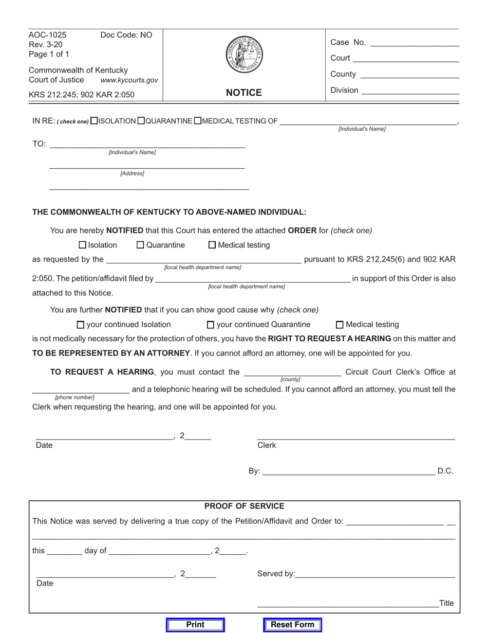 Form AOC-1025 Notice - Kentucky, Page 1