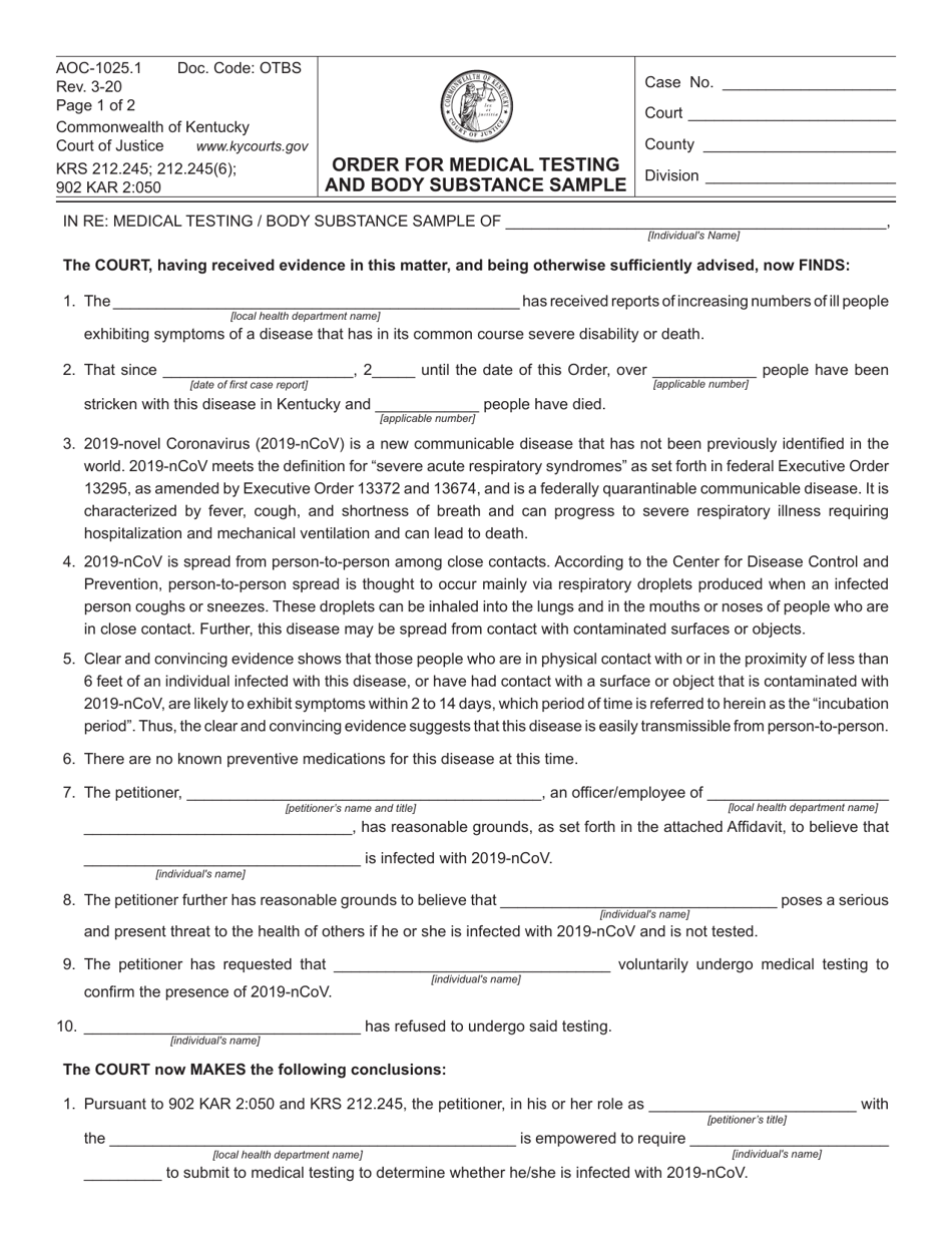 Form AOC-1025.1 Order for Medical Testing and Body Substance Sample - Kentucky, Page 1
