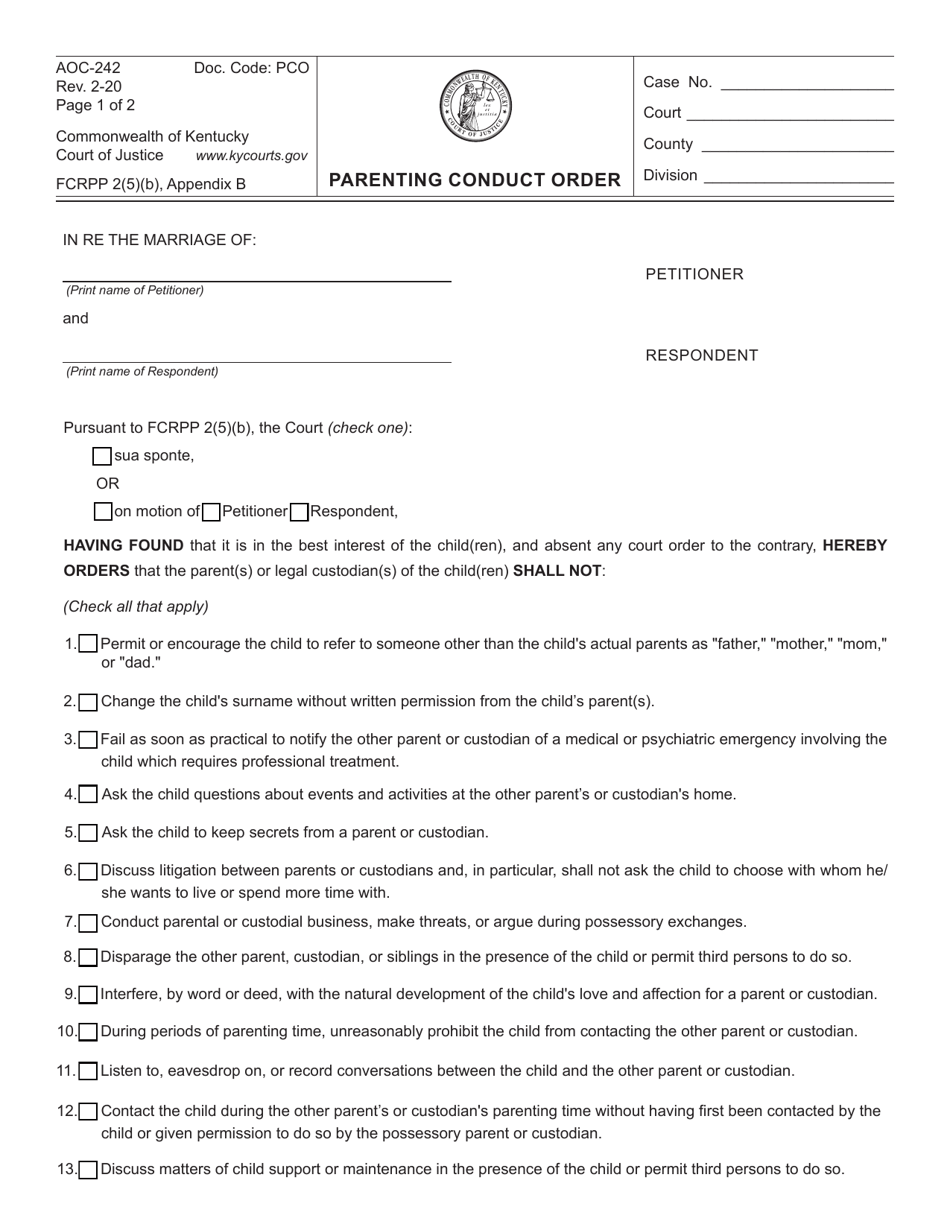 Form AOC-242 Parenting Conduct Order - Kentucky, Page 1