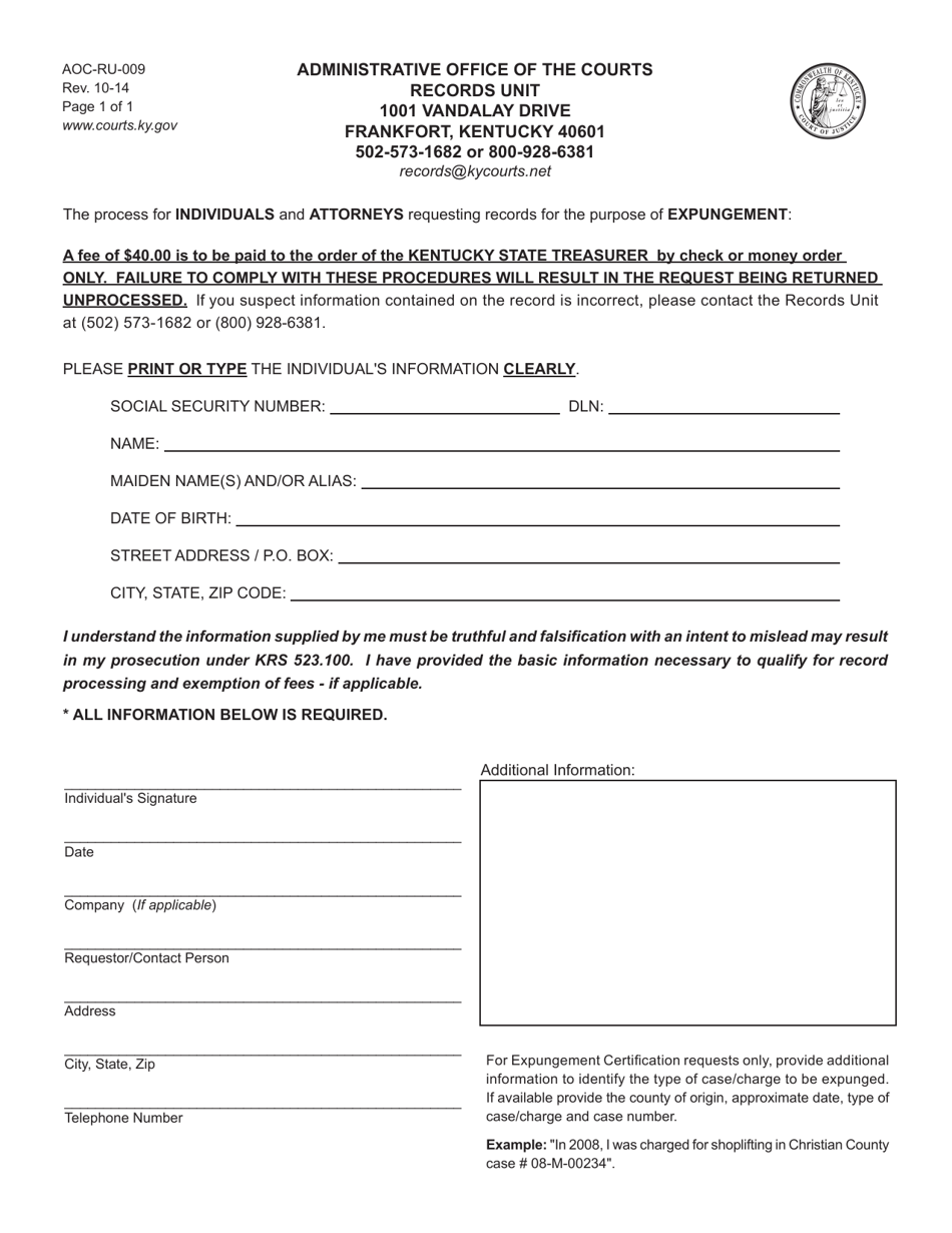 Form AOC-RU-009 Expungement Certification Request - Kentucky, Page 1