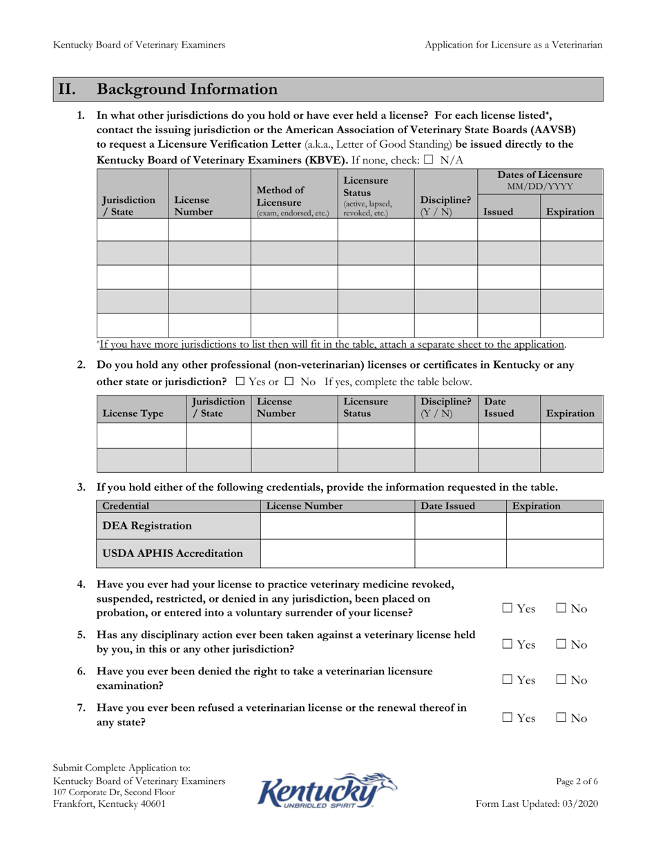 Application for Licensure as a Veterinarian - Kentucky, Page 2