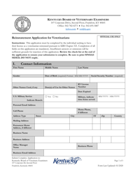Document preview: Reinstatement Application for Veterinarians - Kentucky