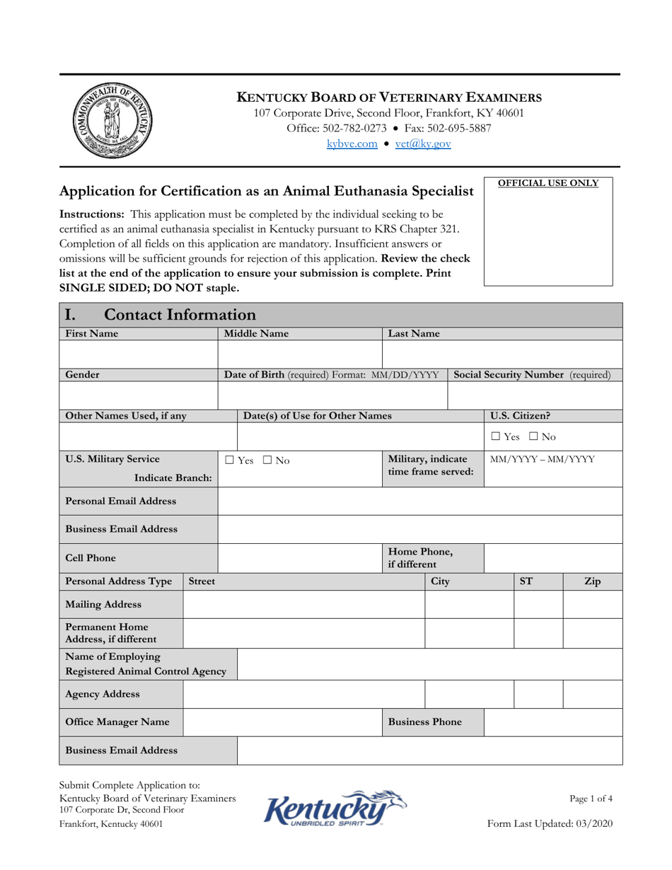 Application for Certification as an Animal Euthanasia Specialist - Kentucky, Page 1