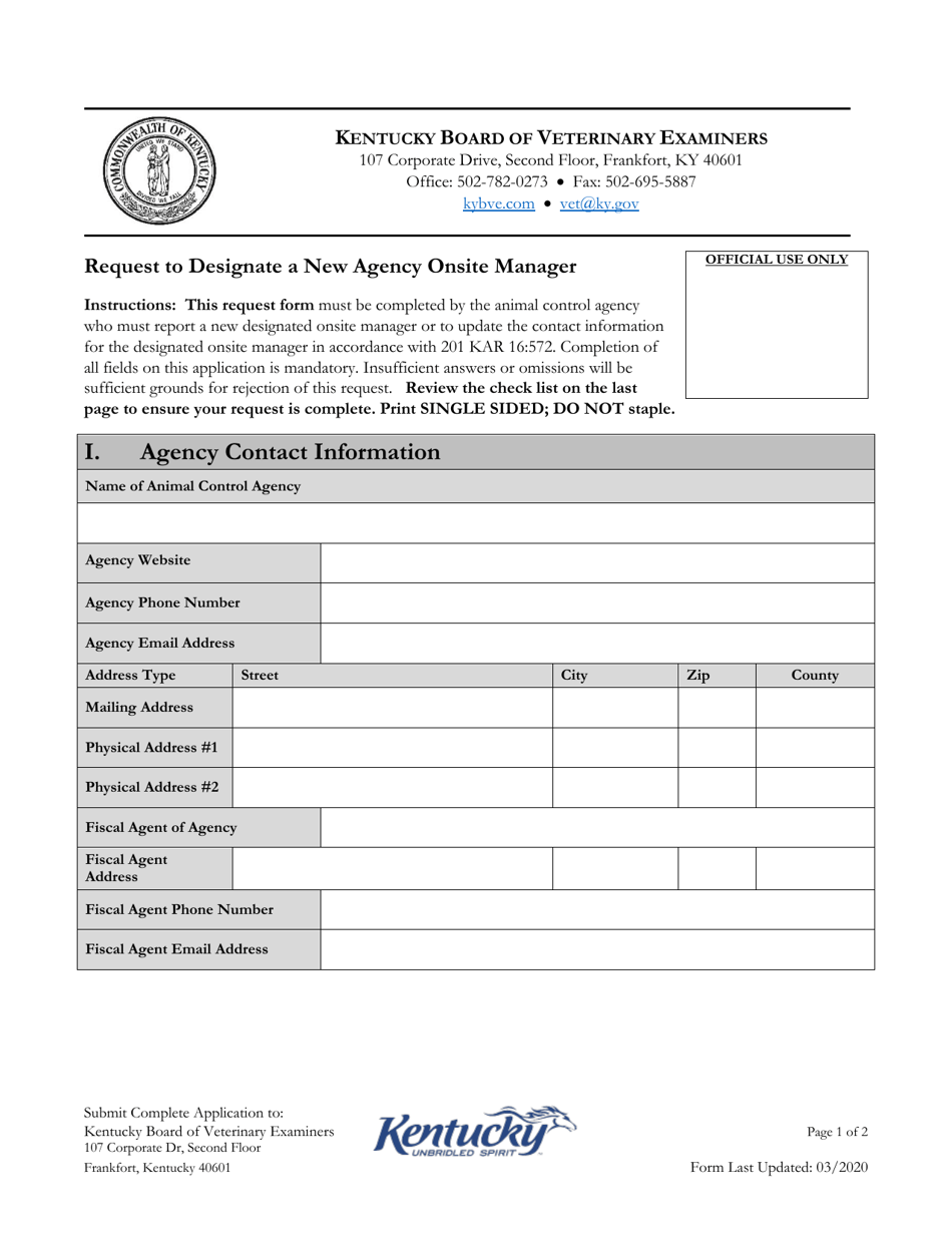 Request to Designate a New Agency Onsite Manager - Kentucky, Page 1