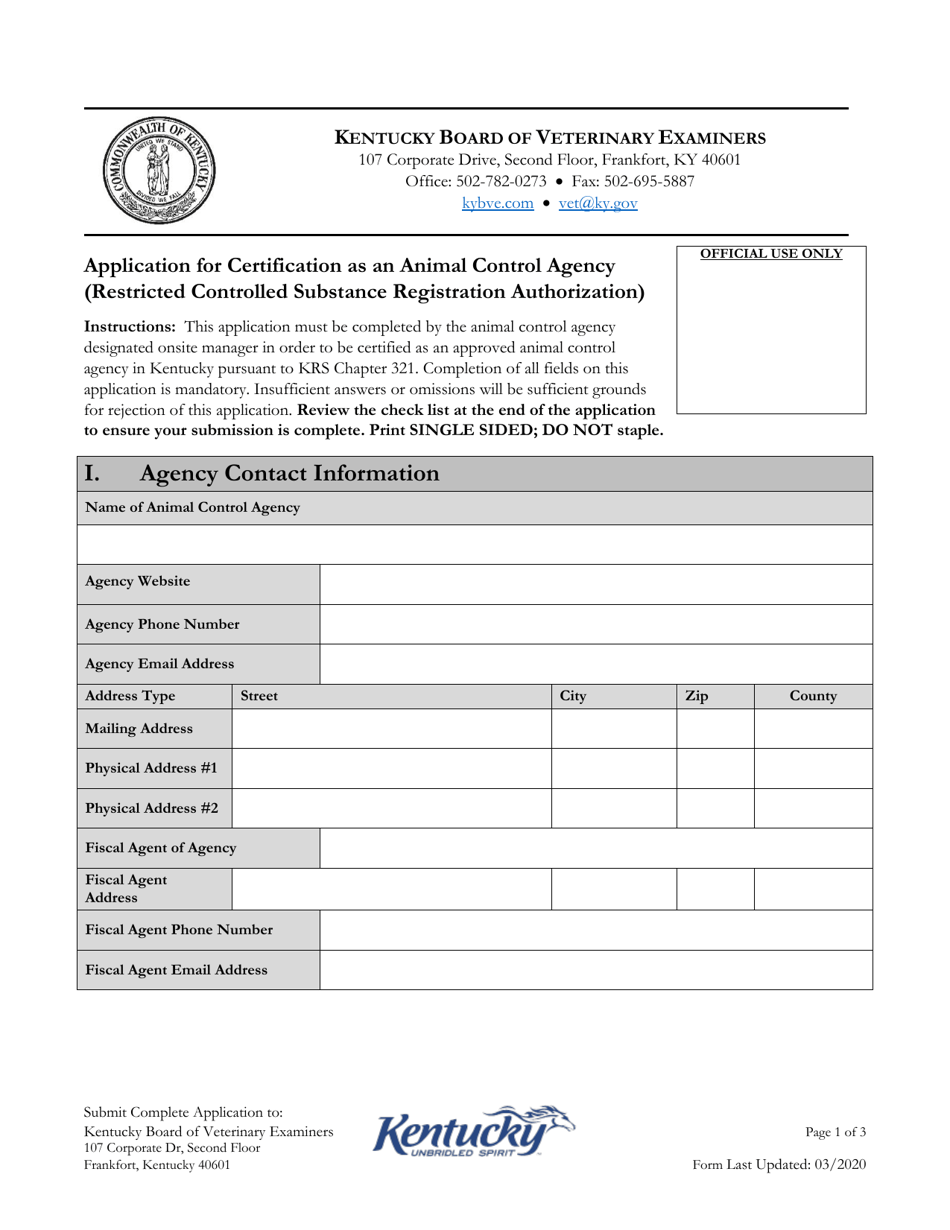 Application for Certification as an Animal Control Agency (Restricted Controlled Substance Registration Authorization) - Kentucky, Page 1
