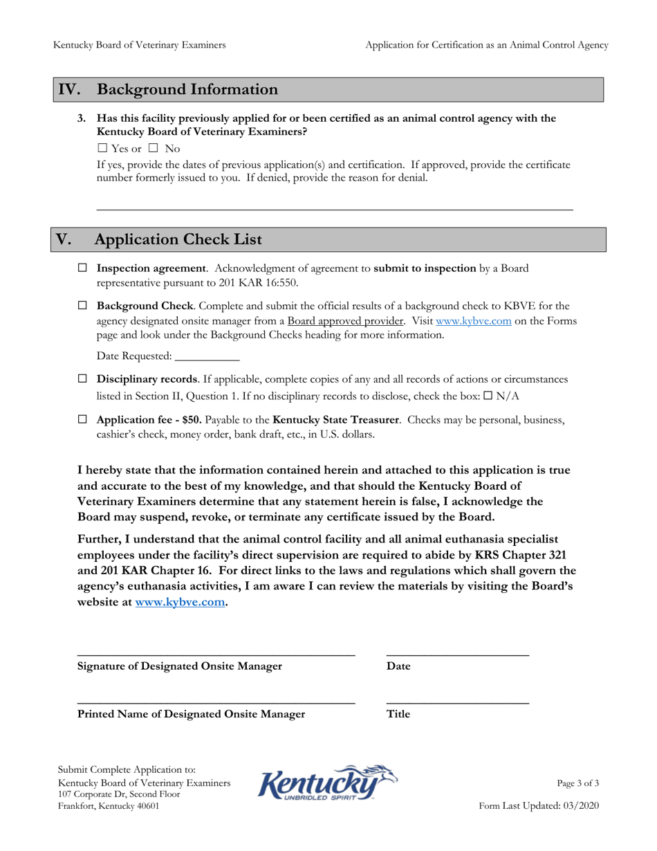 Application for Certification as an Animal Control Agency (Restricted Controlled Substance Registration Authorization) - Kentucky, Page 3