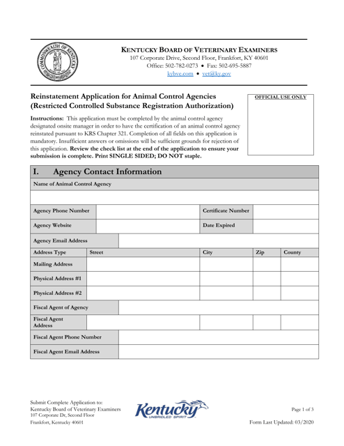 Reinstatement Application for Animal Control Agencies (Restricted Controlled Substance Registration Authorization) - Kentucky Download Pdf