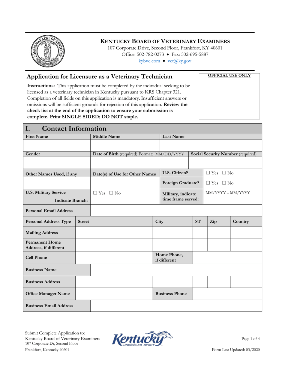 Application for Licensure as a Veterinary Technician - Kentucky, Page 1