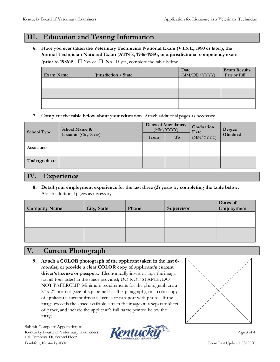 Application for Licensure as a Veterinary Technician - Kentucky, Page 3