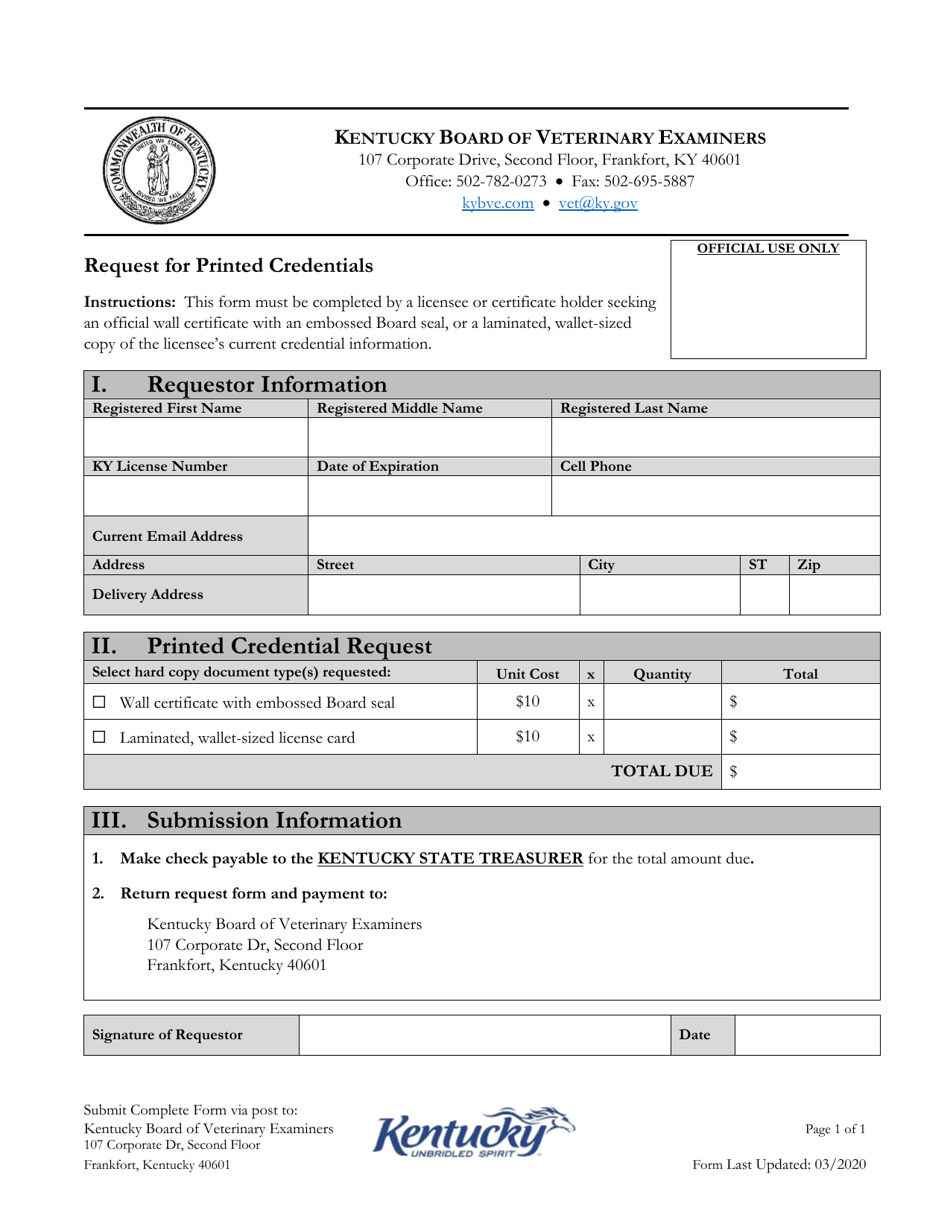 Request for Printed Credentials - Kentucky, Page 1