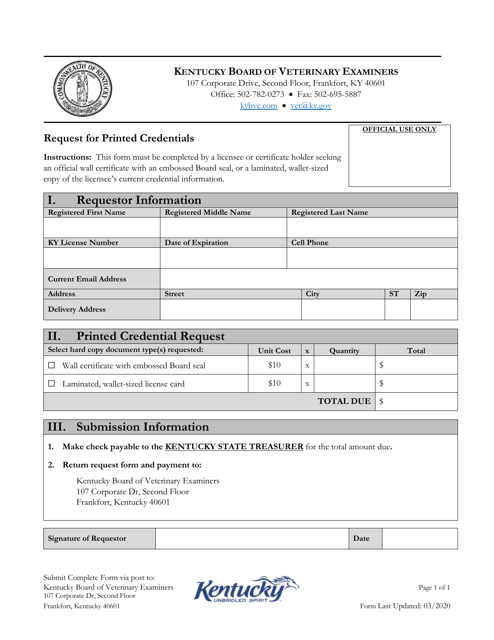 Request for Printed Credentials - Kentucky Download Pdf