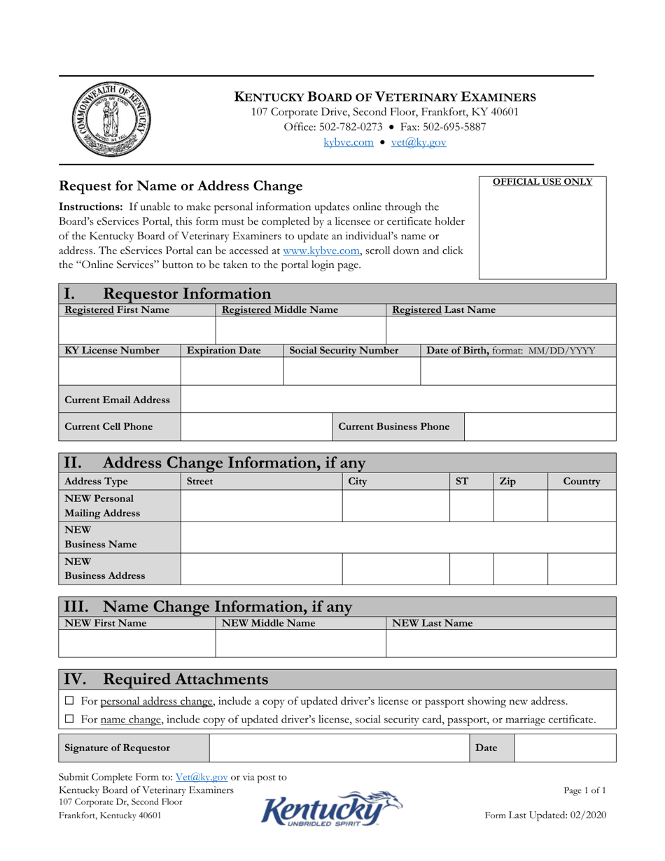 Kentucky Request for Name or Address Change Fill Out, Sign Online and
