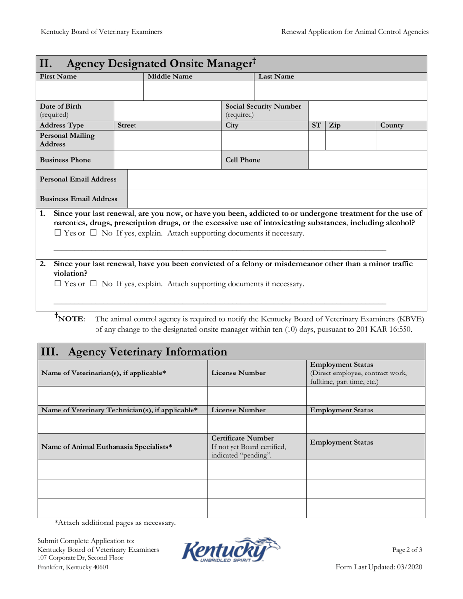 Renewal Application for Animal Control Agencies (Restricted Controlled Substance Registration Authorization) - Kentucky, Page 2