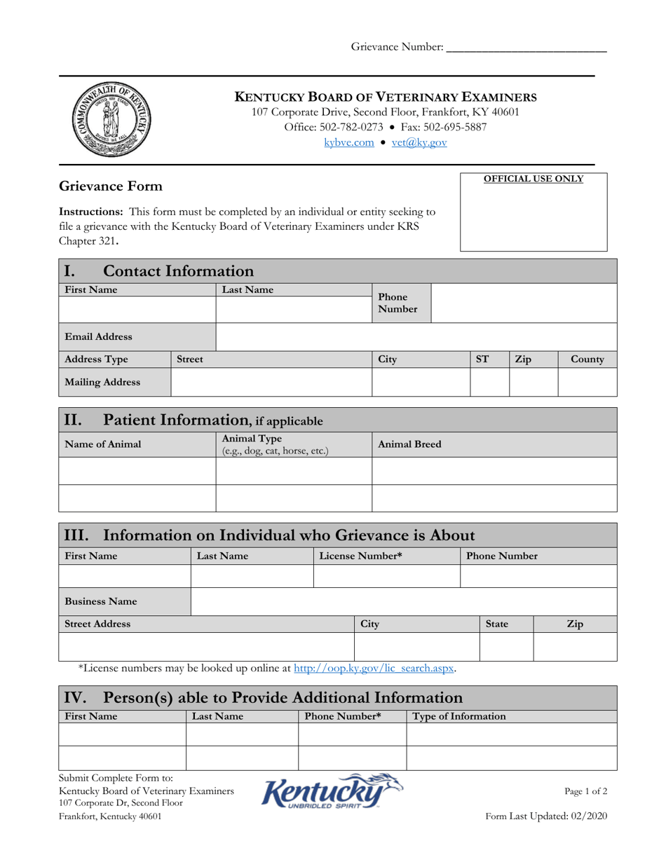 Grievance Form - Kentucky, Page 1
