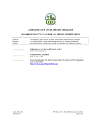 Document preview: Form 7404 Administrative Completeness Checklist - Hazardous Waste Class 1 or 1 (1) Permit Modification - Louisiana