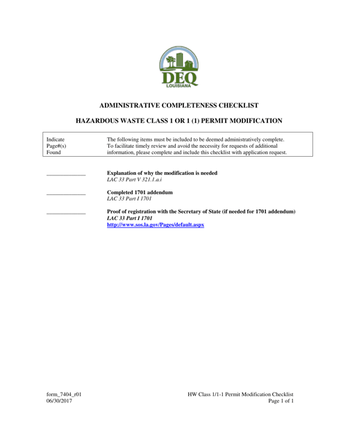 Form 7404 Administrative Completeness Checklist - Hazardous Waste Class 1 or 1 (1) Permit Modification - Louisiana