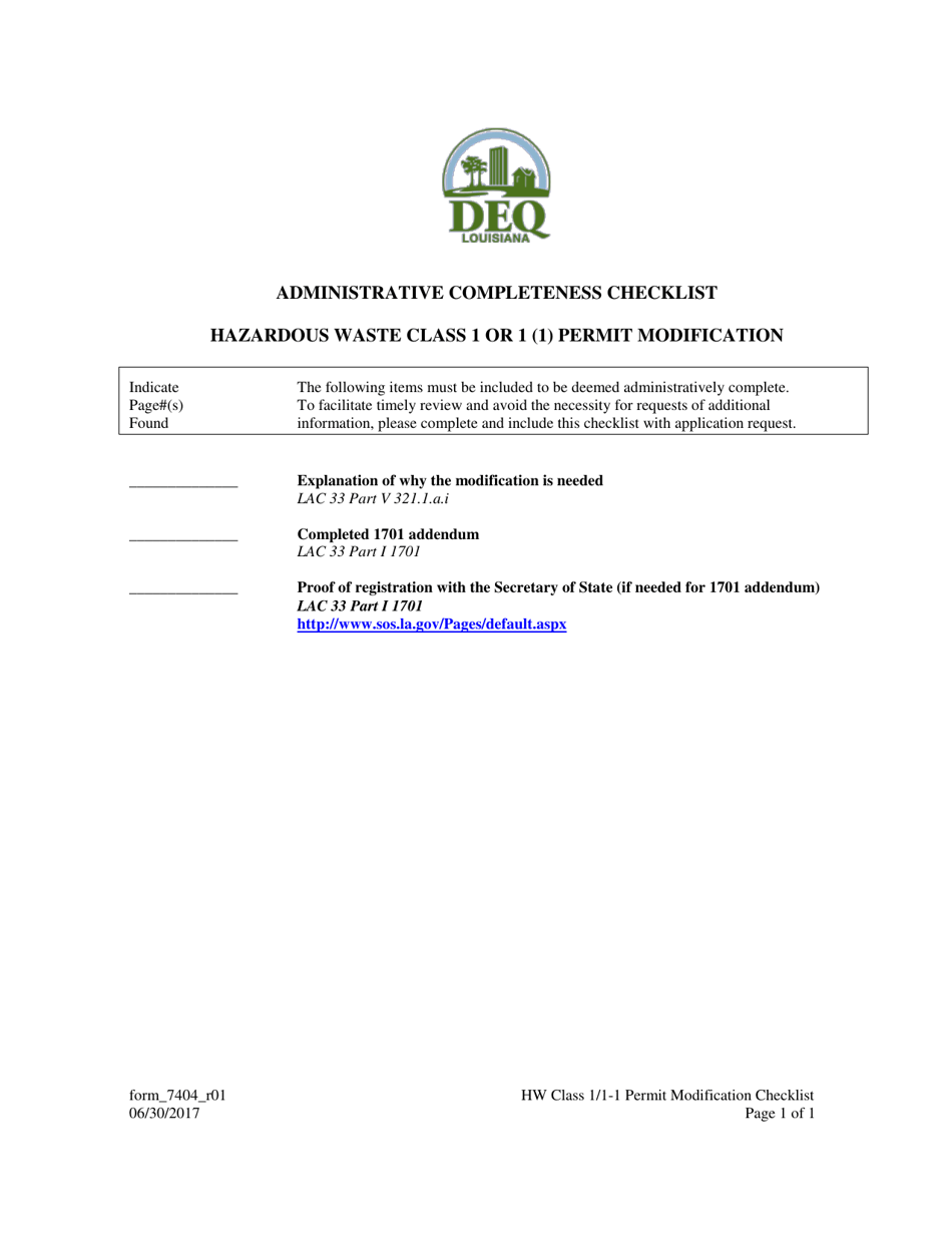 Form 7404 Administrative Completeness Checklist - Hazardous Waste Class 1 or 1 (1) Permit Modification - Louisiana, Page 1