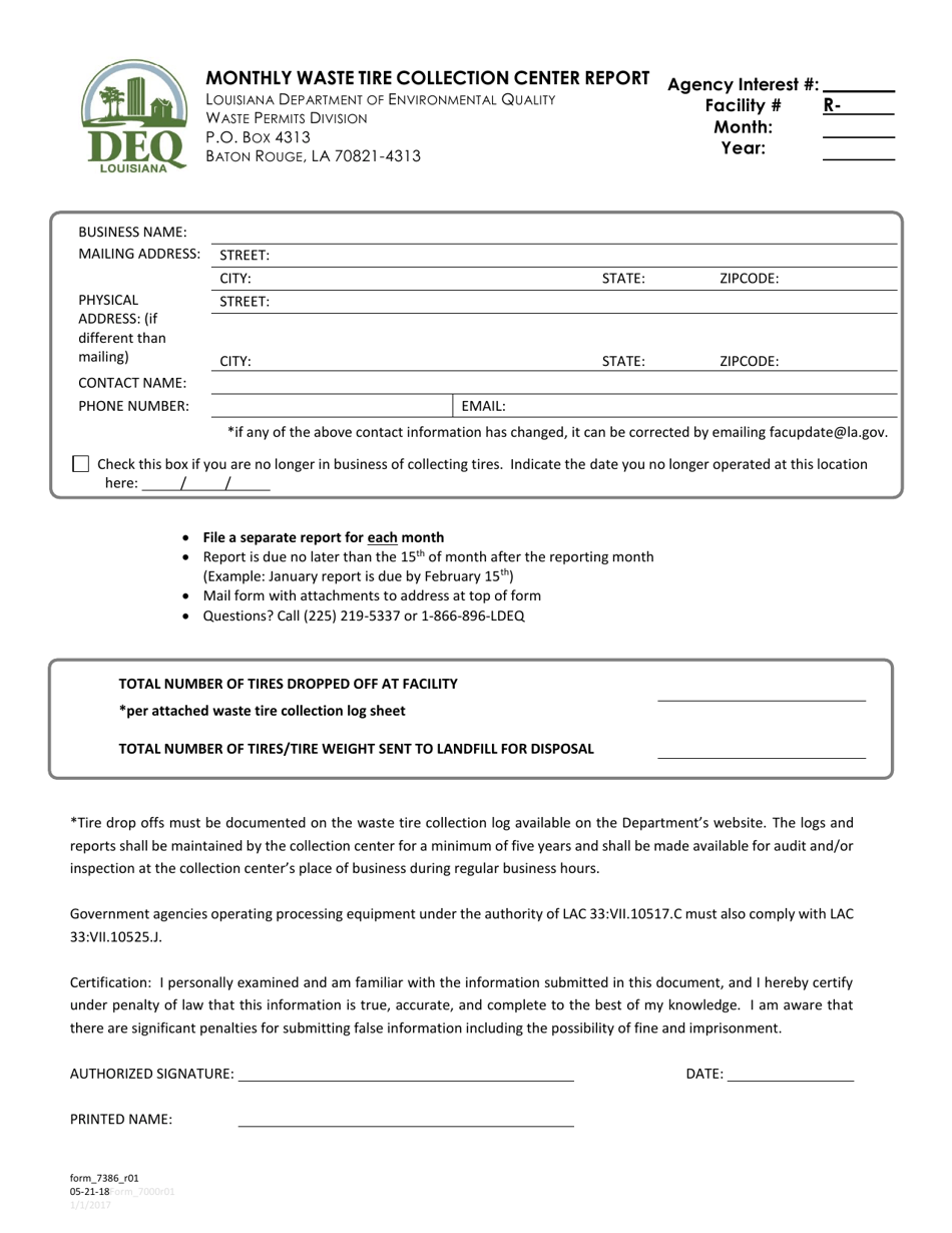 Form 7386 Waste Tire Collection Center Reporting Form and Logs - Louisiana, Page 1